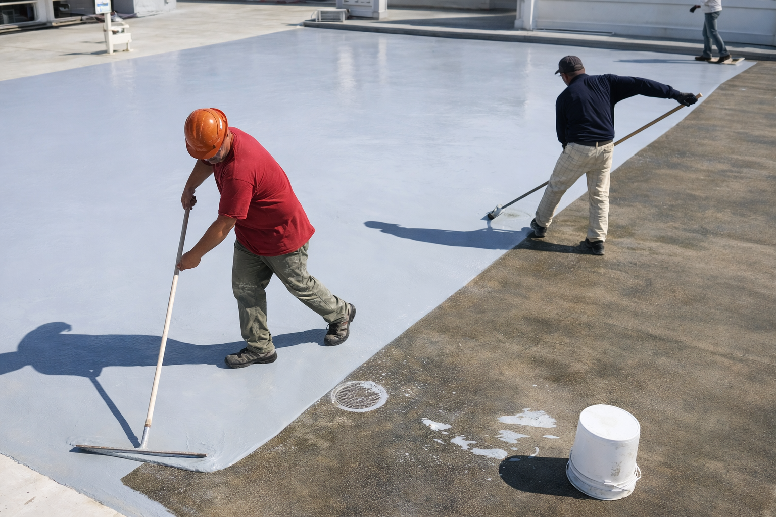 Workers applying white waterproofing coating on flat roof